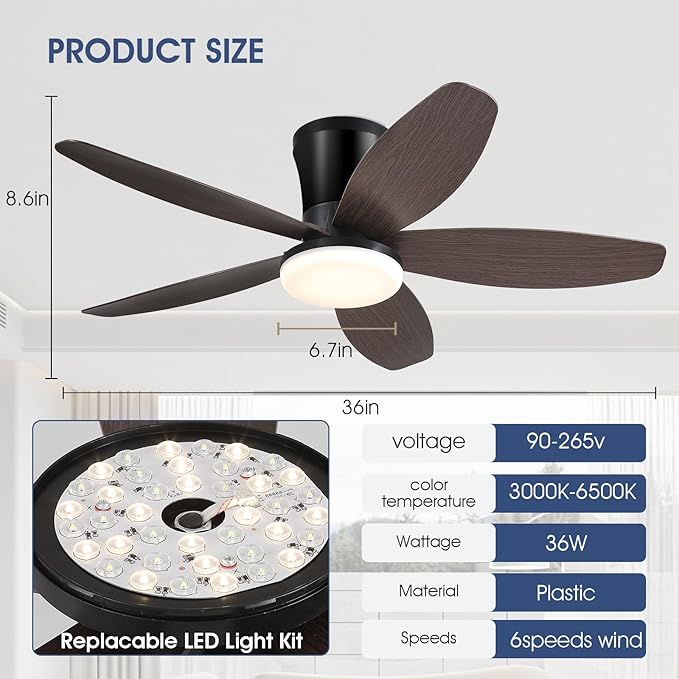 Ceiling Fans with Lights-36 Low Profile Ceiling Fan with Light and Remote/APP Control,Flush Mount,DC Reversible,LED Dimmable Modern Ceiling Fans for Bedroom,Indoor/Outdoor Patio Use(Brown)
