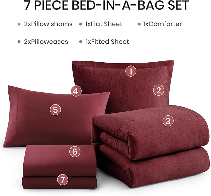 Monbix Full Size Comforter Sets Red, Cationic Dyeing Reversible Bedding Set 7 Pieces, All Season Bed in a Bag with Sheets, Pillowcases & Shams