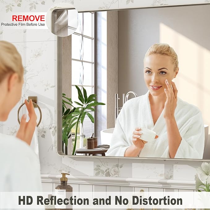 40x30 Inch Brushed Nickel Bathroom Mirror, Brushed Silver Metal Framed Wall Mirror, Rounded Corner Rectangle Modern Vanity Mirror, Tempered Glass, Anti-Rust, Shatterproof (Horizontal/Vertical)