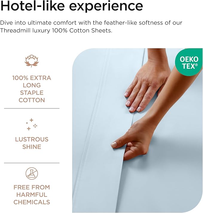 Threadmill Luxury 800 Thread Count Queen 100% Cotton Sheets - Light Blue Sateen Weave Bed-Sheets, Better Than Egyptian Cotton,4 Pc Solid Soft Bedding Set, Fits 16" Deep Pocket