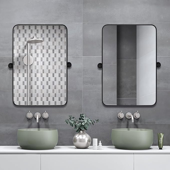 18" x 24" Pivot Rectangle Bathroom Mirror Tilting Beveled Black Metal Framed Vanity Mirrors for Wall, Tempered Glass