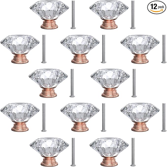 12-Pack Crystal Glass Cabinet Knobs for Home Decor, Vanity Drawers, Desks, Wardrobe Doors, Standard Screws Easy Installation for Home Refurbishment and Redecoration (Clear Crystal, 30mm, Pink Base)
