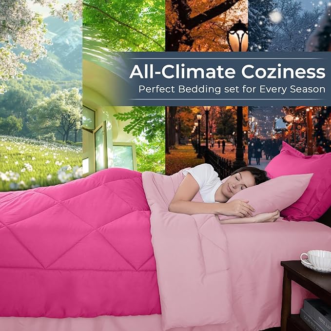 HEVUMYI Hot Pink & Baby Pink Queen Comforter Set - 7-Piece All Season Bed in a Bag Queen, Ultra Soft Bedding Set with Comforter, Flat Sheet, Fitted Sheet, Pillowcases, Pillow Shams
