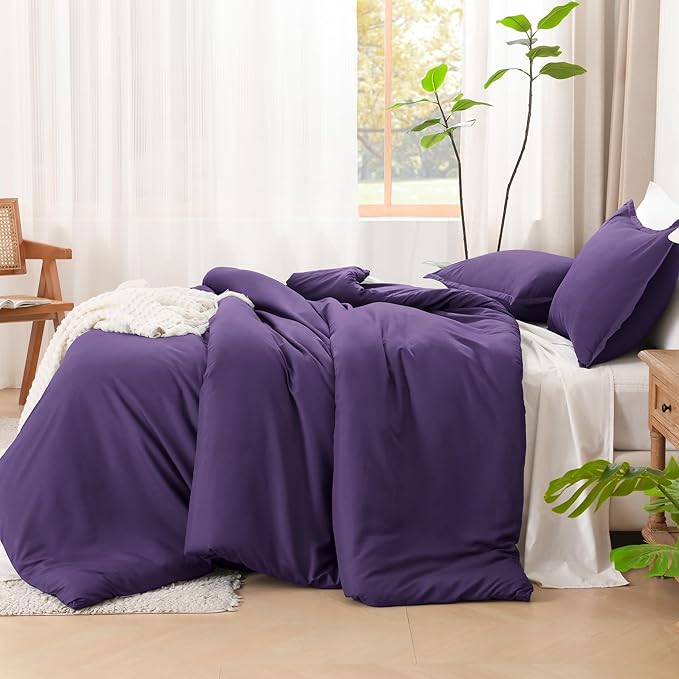 Litanika Purple Comforter Set King Size, 3 Pieces Lightweight Solid Bedding Comforter Set, All Season Fluffy Bed Set (104x90In Comforter & 2 Pillowcases)