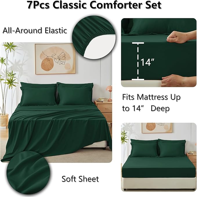 CozyLux Full Size Comforter Sets Emerald Green - 7 Pieces Bed in a Bag Full, Luxury Soft Bed Set for All Seasons, Bedding Set with Down Alternative Comforter, Sheets, Pillowcases & Shams