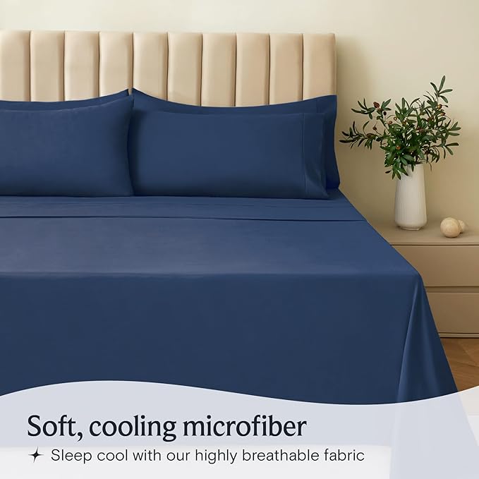 LuxClub 4 PC Full Sheet Set, Breathable Luxury Bed Sheets, Deep Pockets Wrinkle Free Cooling Bed Sheets Machine Washable Hotel Bedding Silky Soft - Navy Full