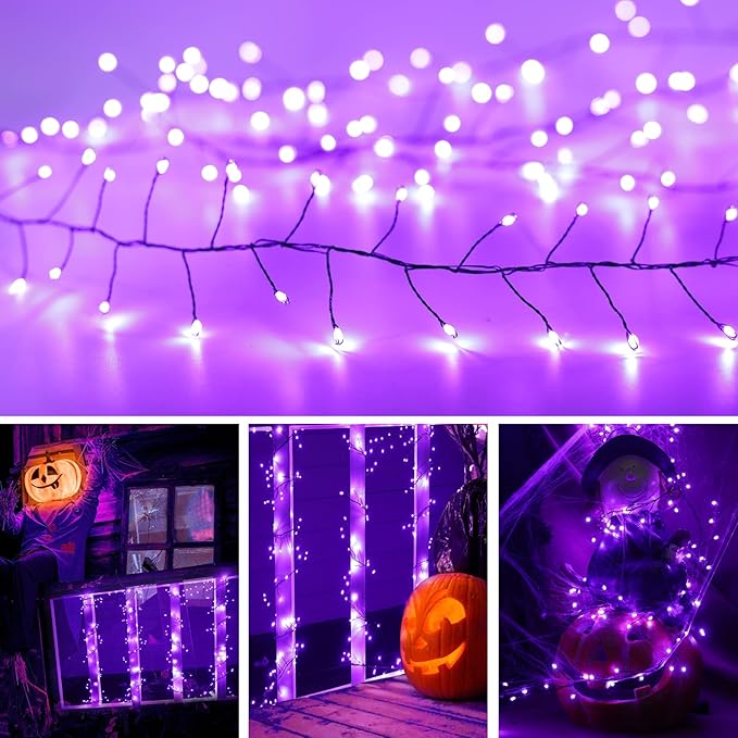 Halloween Fairy Lights Plug in, 10Feet 200 LEDs Firecracker String Lights with Remote, Waterproof Cluster String Lights for Ceiling Bedroom Wreath Window Bar Haunted Theme Halloween Decoration, Purple