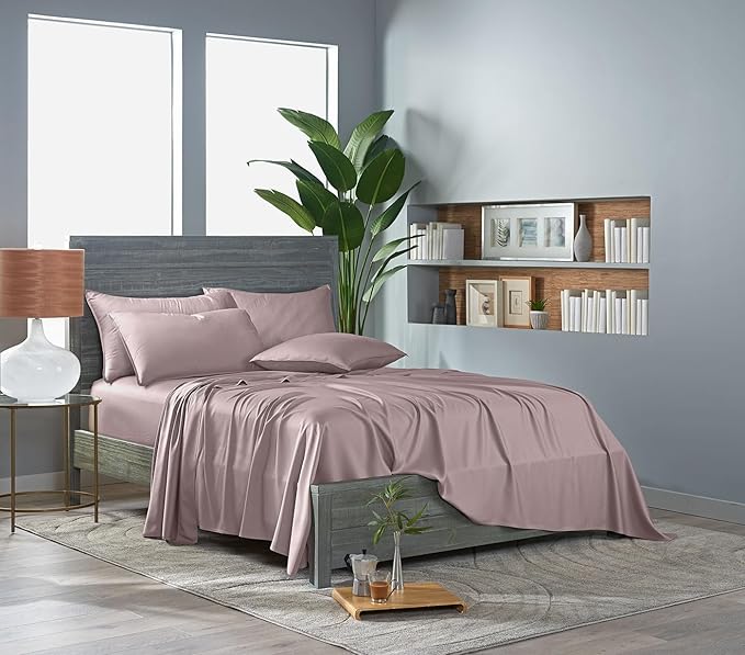 Pure Bamboo Queen Sheets, Genuine 100% Organic Viscose Derived from Bamboo Bed Sheet Set, Luxuriously Soft & Cooling, Double Stitching, Lifetime Quality Promise (Queen, Dusty Pink)
