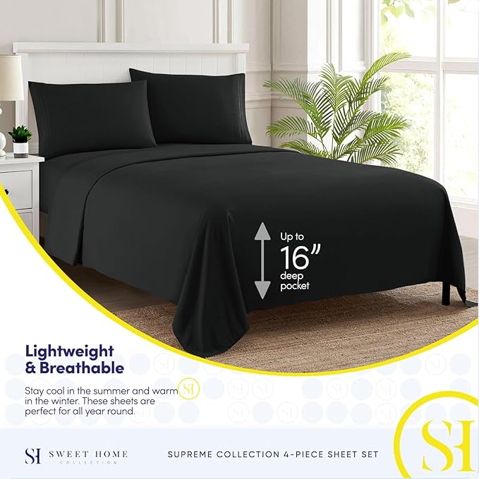 Twin Sheets - Breathable Luxury Sheets with Full Elastic & Secure Corner Straps Built In - 1800 Supreme Collection Extra Soft Deep Pocket Bedding Set, Sheet Set, Twin, Black