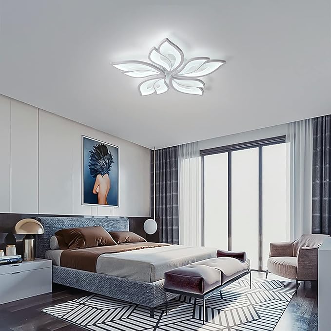 Garwarm Modern Ceiling Light,23.6” Dimmable LED Chandelier Flush Mount Ceiling Lights,Remote Control Acrylic Leaf White Lamp Fixture for Living Room Dining Room Bedroom 60W