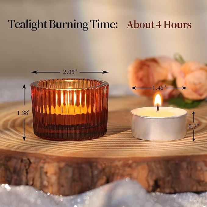 18 pcs Amber Tealight Candle Holders with 18PCS Tealights, Glass Votive Candle Holders Set for Table Centerpiece, Home Decor and Party Supplies