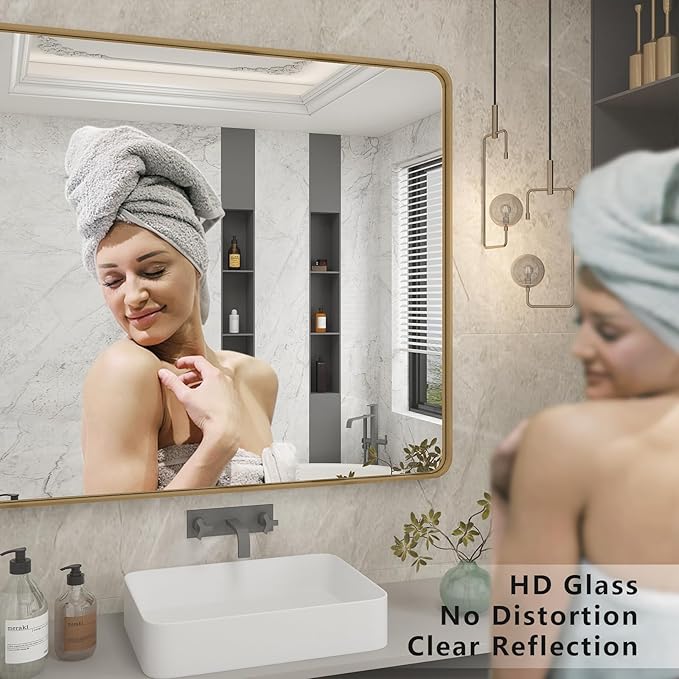 40x36 Gold Framed Mirror for Bathroom, Brushed Gold Brass Bathroom Mirror, Rectangle Gold Bathroom Vanity Mirror for Wall, Shatterproof, Anti-Rust, Hangs Horizontally or Vertically
