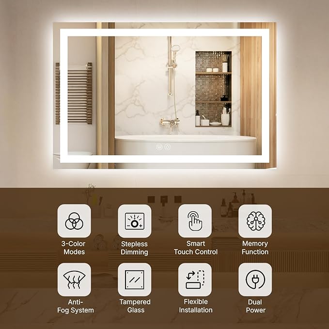 24 x 36 LED Vanity Mirror for Bathroom, Frontlit & Backlit LED Mirror for Bathroom with 3 Colour Lights, Wall Vanity Mirror with Anti-Fog, Shatterproof & Memory Function, Perfect for Modern Bathrooms