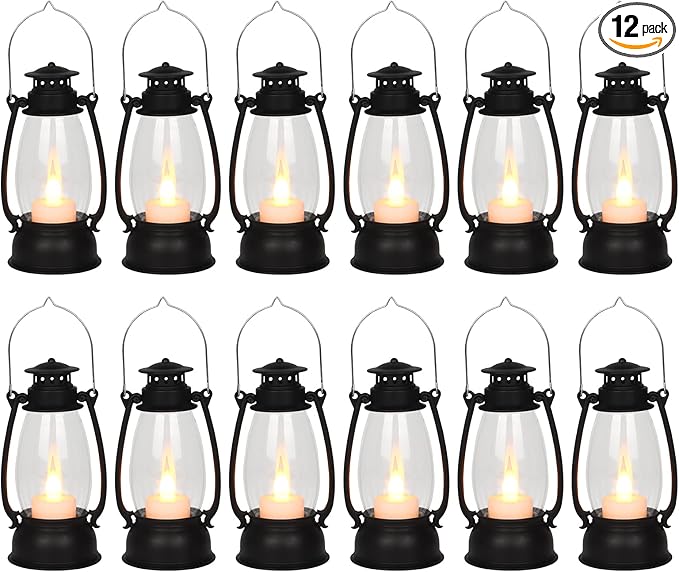 12Pcs Mini Lantern for Cowboy Halloween Christmas Wedding, Black 6" Candle Lantern with Flickering LED for Camping Western Party Decorations, Table Centerpiece, Hanging Lamp Ornaments Bulk