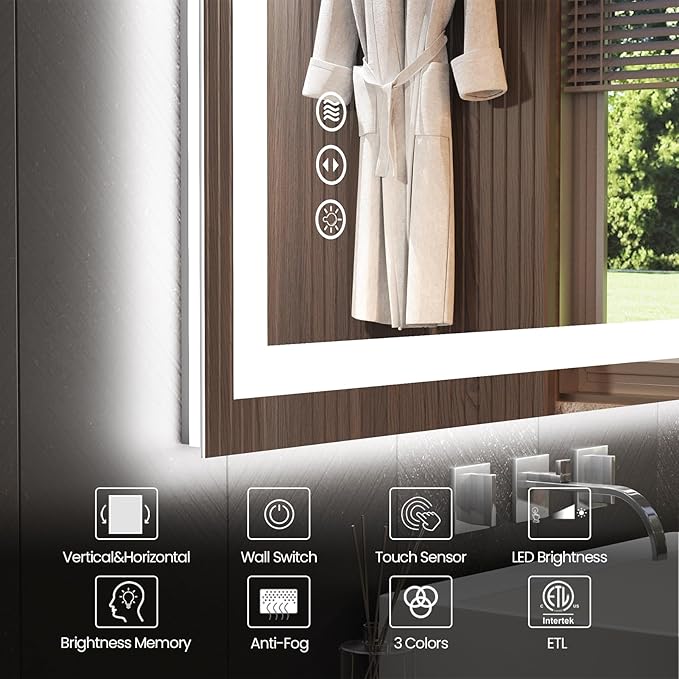 40"X32" LED Bathroom Mirror with Front Lights and Backlit, Anti-Fog, Dimmable, Shatter-Proof Tempered Glass, Lighted Bathroom Vanity Mirror for Wall with 3 Colors, Memory Function