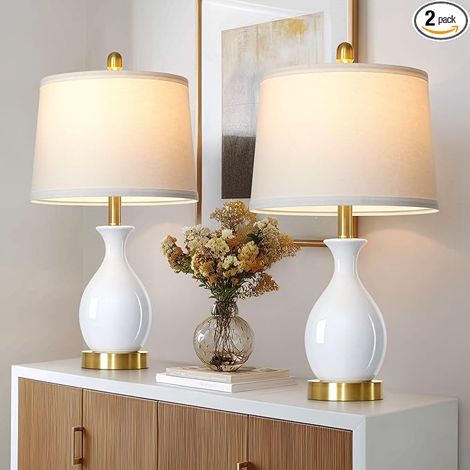 24" White Ceramic Table Lamps Set of 2 for Bedroom, Modern Classic Bedside Lamps for Nightstand, Small Table Lamp for Living Room Side Table (2 LED Bulbs Included)