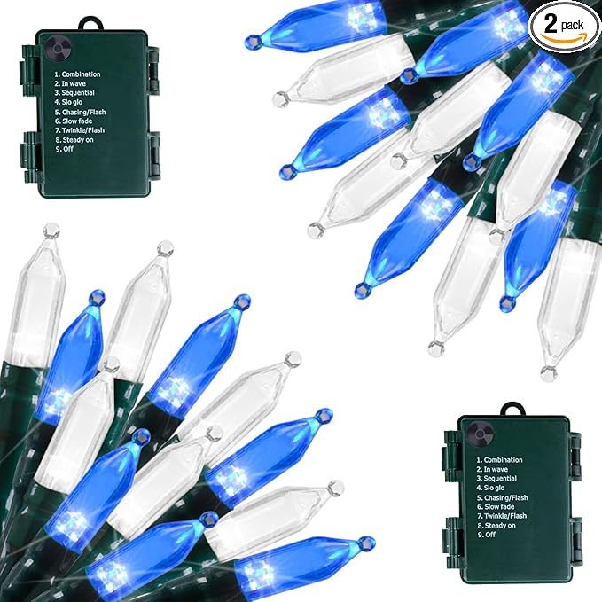 Battery Operated Christmas Lights 2 Pack 18 Feet 50 LED Clear Mini String Lights with 8 Modes Waterproof Tree Lights for Xmas Outdoor Indoor Holiday Party Garden Decor, Blue & White