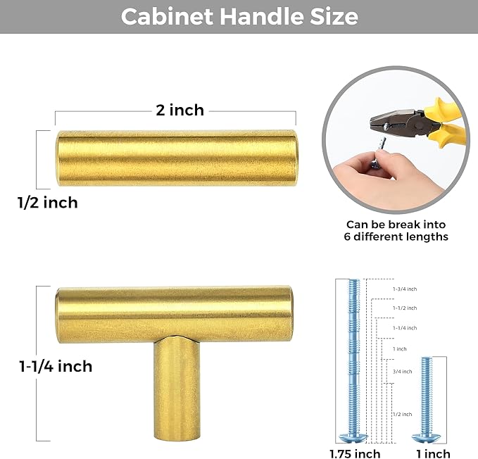 20 Pack Brushed Brass Cabinet Knobs - Kitchen Cabinet Knobs Gold Cabinet Pulls for Kitchen Cabinet Drawer Stainless Steel Dresser Knobs for Cabinet Hardware 2in Length Single Hole T Bar