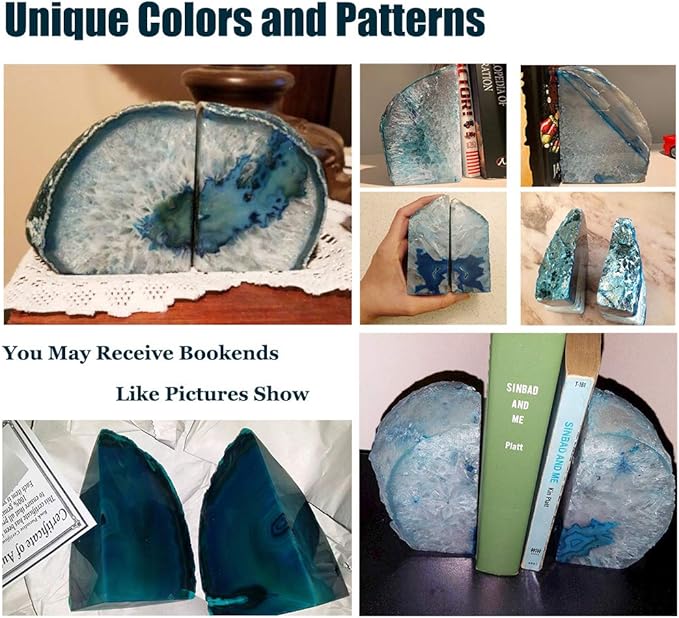AMOYSTONE Geode Bookends Heavy Duty Agate Large Stone Bookend Decorative Crystal Quartz Book Ends Dyed Teal with Rubber Bumpers(1 Pair, 6-8 LBS)