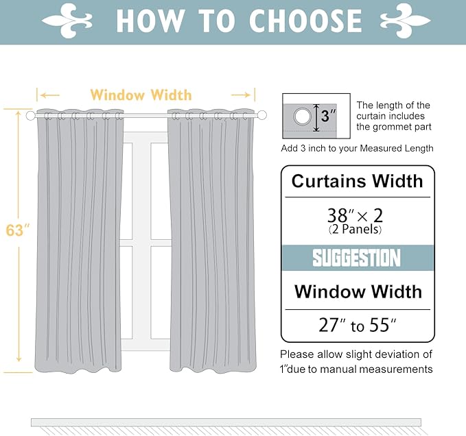 ChrisDowa 100% Blackout Curtains 63 inch Long for Bedroom with Black Liner, 2 Thick Layers Total Blackout Thermal Insulated Grommet Window Curtains 2 Panels Set (Light Grey, 38 x 63 Inch)