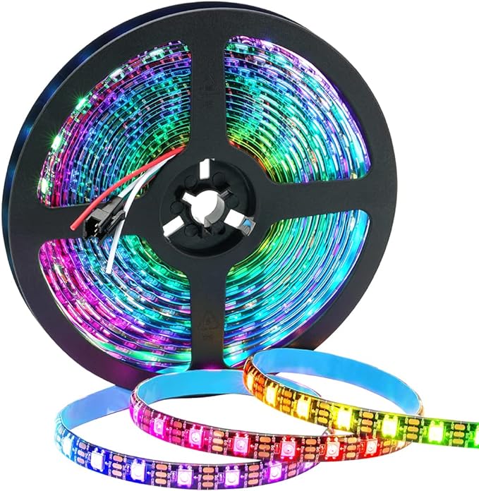 SEZO WS2812B ECO LED Strip Light 16.4FT/5M 60Pixels/m 300Pixels Individually Addressable Programmable 5050SMD Digital RGB Alloy Wires Flexible Dream Color IP65 Waterproof PCB Black DC5V