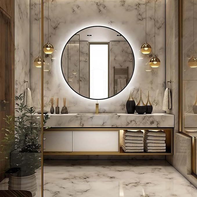 40" Round LED Bathroom Mirror, Wall Mounted Backlit Vanity Mirror with 45° Beveled Frame Lighted Mirror for Bedroom, Fog Free 3-Color Dimmable Lights Memory Function, Black