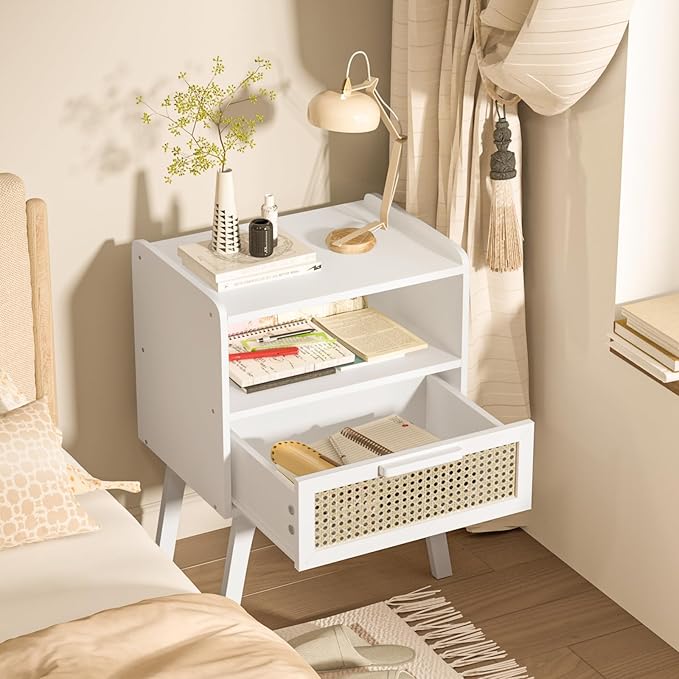 Lerliuo Rattan Nightstand, Bedside Table with Drawer Open Shelf, Cane Accent Side End Table with Solid Wood Legs, White Mid Century Night Stand for Bedroom, Dorm and Small Spaces