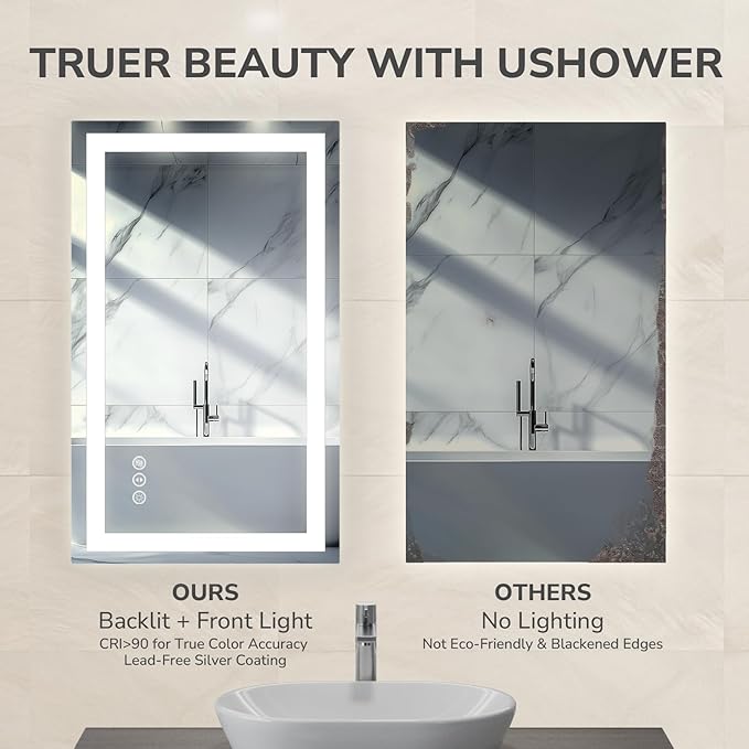 USHOWER LED Bathroom Mirror 40x32 Inch with Lights - Frameless Tempered Glass LED Backlit Lighted Mirror for Bathroom Vanity with Anti-Fog, 3 Colors Dimmable, Memory Function, Wall-Mounted