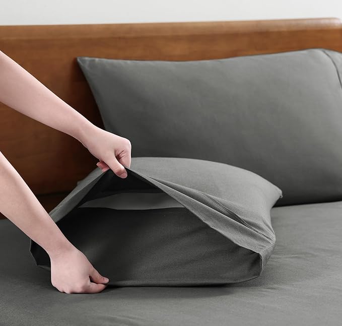 LANE LINEN 100% Organic Cotton Full Size Sheets, Hotel Like Crisp Percale Low Pill Fade Resistant Reinforsed Seam Cotton Sheets, Naturally Cooling 15" Deep Pocket Full Bedding Set- Charcoal