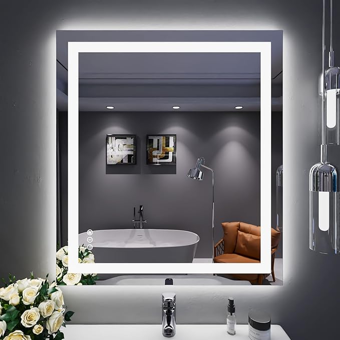 LOAAO 32"X36" LED Bathroom Mirror with Lights, Anti-Fog, Dimmable, Backlit + Front Lit, Lighted Bathroom Vanity Mirror for Wall, Memory Function, Tempered Glass, ETL Listed
