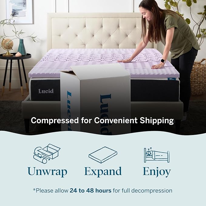 LUCID Lavender Infused 2 Inch Memory Foam Mattress Topper with 5 Zones – California King Size – Plush Feel – CertiPUR Certified – Dorm Room Essentials