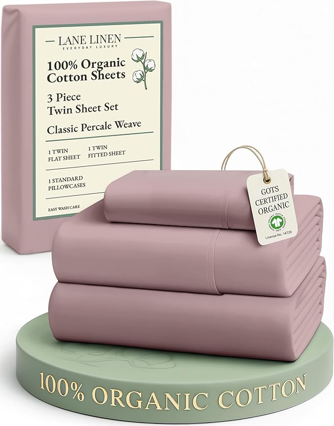 LANE LINEN Sustainable 100% Organic Cotton Twin Size Bed Sheets, Soft & Comfy Mercerized Fully Elasticized Naturally Cooling Machine Washable Twin Sheet Sets Cotton- Lilac