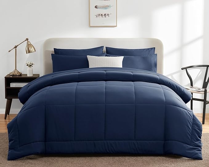 CozyLux Full Size Comforter Sets Navy Blue, 7 Pieces Bed in a Bag, Navy Comforter Full Size, All Season Bedding Sets with Stitch Quilted Comforter, Flat Sheet, Fitted Sheet, Pillowcases