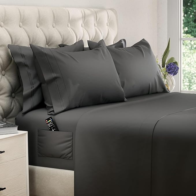DREAMCARE Queen Sheet Set – 6 pcs Cooling Bed Sheets – up to 15” Deep Sheets Queen Size Bed Set – 2500 Supreme Collection – Extra Soft 100% Brushed Microfiber Hotel Luxury with Side Pocket – Gray