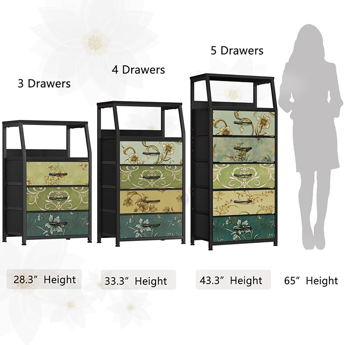 Furnulem Retro Dresser for Bedroom, Small Dresser for Closet, Vintage Nightstand with 4 Drawers, Fabric Storage Organizer Bedside Table Side Furniture, Metal Frame, Wood Top