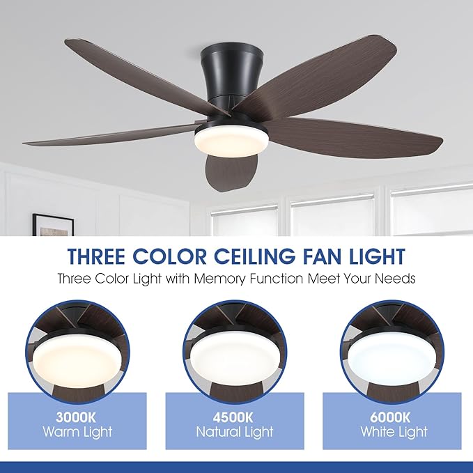 Ceiling Fans with Lights-42 Low Profile Ceiling Fan with Light and Remote/APP Control,Flush Mount,DC Reversible,LED Dimmable Modern Ceiling Fans for Bedroom,Indoor/Outdoor Patio Use(Brown)