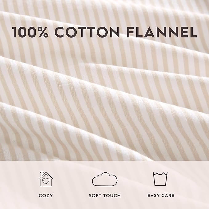 Laura Ashley - Flannel Sheets King Size, Anti-Pilling & Wrinkle Resistant Cotton, Touchably Soft for All-Season Comfort - Bed Sheets with Matching Pillowcases & Fitted Sheet (Oxfordshire Stripe Beige)