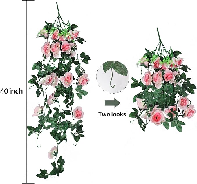 RECUTMS 4pcs Hanging Rose Flower Artificial Plants 32-in Fake Ivy Vine with 30 LED Fairy String Lights Outdoor UV Resistant Plastic Roses for Home Room Wedding Decor (Champagne)