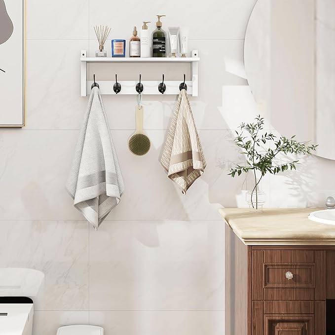 Homode Wall Shelf with Hooks, Coat Rack Wall Mount with Pegs, Hanging Entryway Coat Hanger, Wood and Iron Shelf for Bathroom, Hallway, Bedroom, White