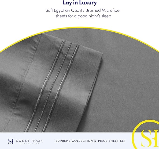 RV Queen Bed Sheets - Breathable Luxury Sheets with Full Elastic & Secure Corner Straps Built In - 1800 Supreme Collection Extra Soft Deep Pocket Bedding Set, Sheet Set, RV Short Queen, Gray