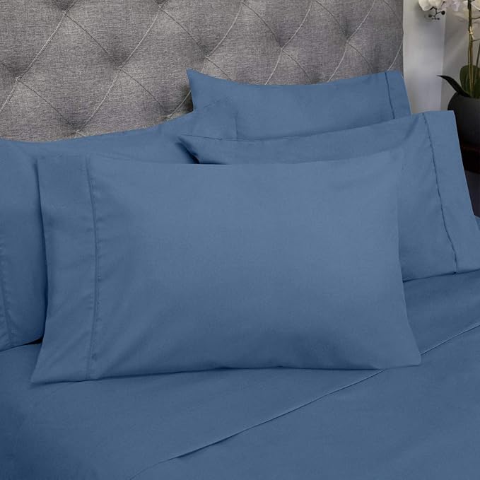 Sweet Home Collection 6 Piece 1500 Supreme Collection Brushed Microfiber Deep Pocket Sheet Set-2 Extra Pillow Cases, Great Value, Split King, Denim