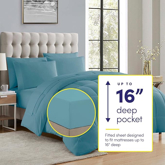 Sweet Home Collection 5 Piece Comforter Set Bag Solid Color All Season Soft Down Alternative Blanket & Luxurious Microfiber Bed Sheets, Misty Blue, Twin