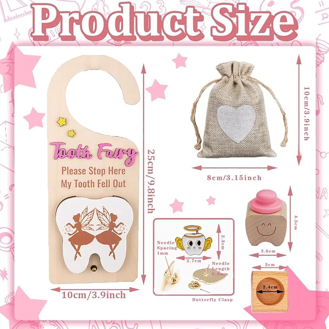 4Pcs Tooth Fairy Door Holder - Wooden Door Hanger Gift Set with Keepsake Box and Bag & Reward Badge, Gifts and Bedroom Decorations Suitable for Lost Teeth Girls and Boys