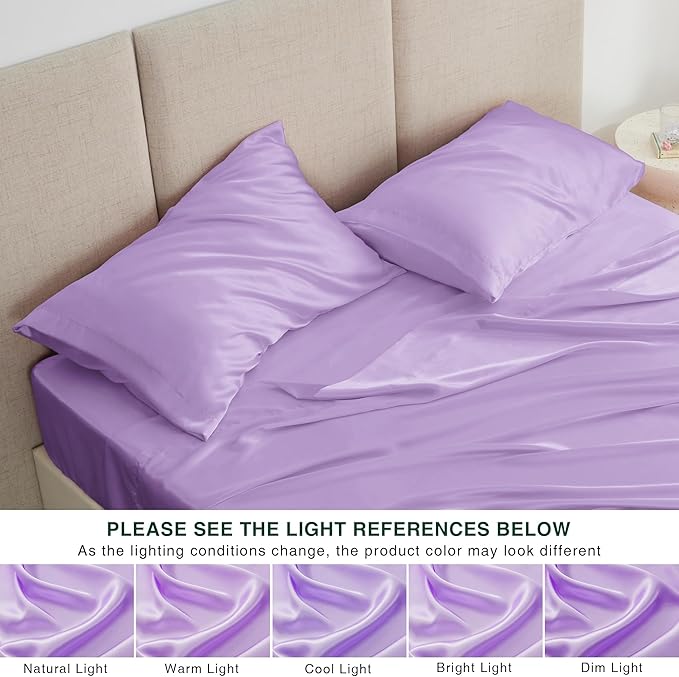 Love's cabin Full Size Satin Sheet Sets - 4 Piece Lavender Silky Sheet Set with Deep Pocket, Luxury Silk Feel Satin Sheets Full Bedding Set (1 Flat Sheet,1 Fitted Sheet,2 Pillow Cases)