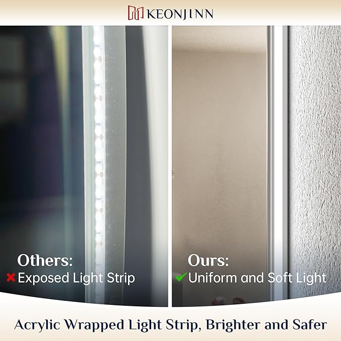 Keonjinn 28 x 36 Inch LED Bathroom Mirror with Backlit, Anti-Fog Vanity Mirror, CRI90+ HD Tempered Glass, Stepless Dimmable, High Lumen, UL Listed, Waterproof, Horizontal/Vertical