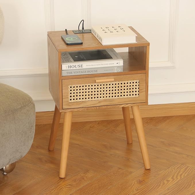 MaxSmeo Mid Century Modern Nightstand with Charging Station, Bedside Tables with Rattan Drawer, Small Wood Nightstand Side Table for Living Room,Bedroom (Brown)