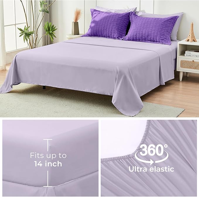 HYMOKEGE Dark Purple/Lavender Full Size Comforter Sets Seersucker 7 Pieces, All Season Luxury Bed in a Bag for Bedroom, Bedding Set with Comforter, Sheets, Pillowcases & Shams