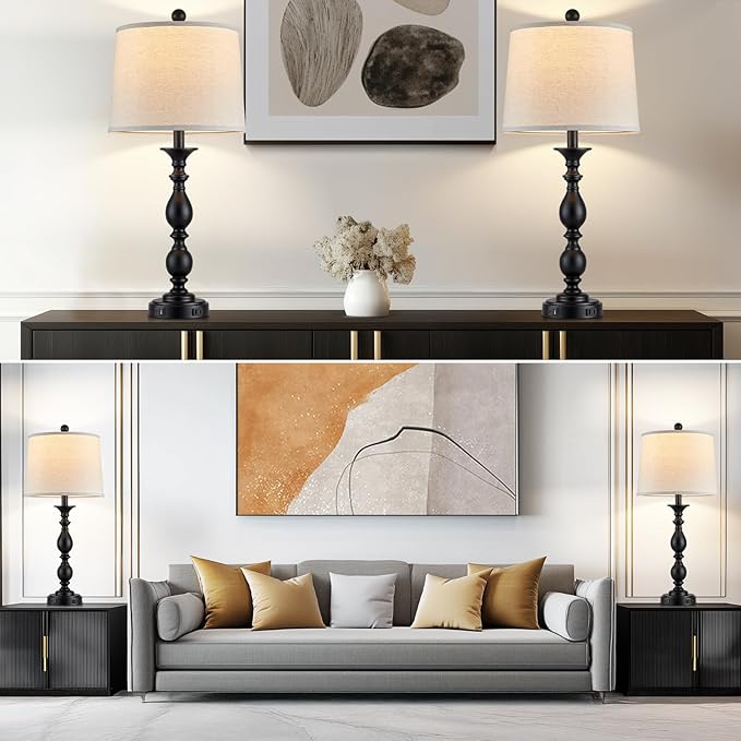 28" Tall Modern Table Lamps Set of 2 with USB C+A Ports and AC Outlet, 3 Way Touch Metal Bedside Lamps for Living Room, Black Farmhouse Nightstand Lamps for Bedroom