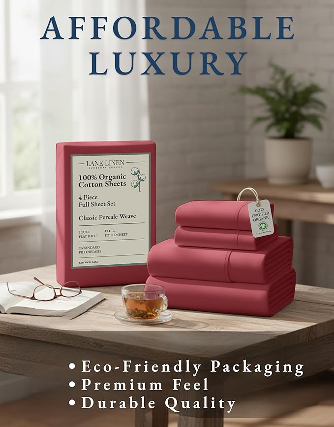 LANE LINEN 100% Organic Cotton Bed Sheets Full Size, Fully Elasticized Sustainably Produced Soft & Comfy, Machine Washable Naturally Cooling Full Sheet Deep Pocket Bedding - Mineral Red