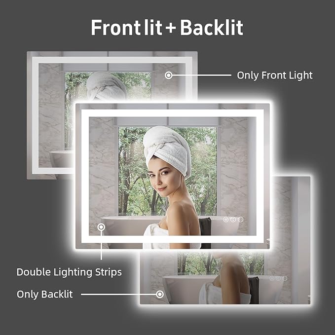 40"x 24" LED Bathroom Mirror with Lights, Anti-Fog, Double Lighting Sources Dimmable, Backlit + Front Lit, Lighted Bathroom Vanity Mirror with 3 Colors, Tempered Glass (Horizontal/Vertical)